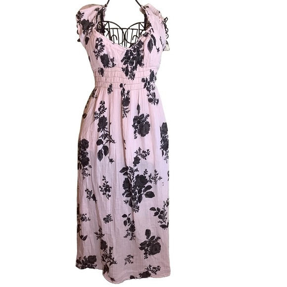 Free People Smocked Floral Maxi Dress Pink Black Slit Boho Cottagecore Small - Picture 3 of 9